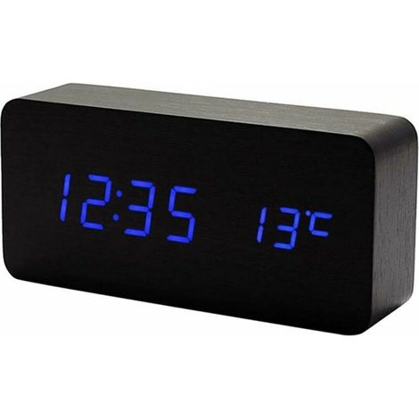 Réveil numérique en bois multifonction avec écran LED, affichage heure, date et température, commande vocale, design moderne, idéal chambre, bureau et table de chevet