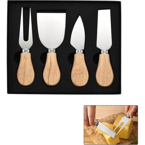 Set di 4 coltelli per formaggio: mini coltello per formaggio, forchetta per formaggio, spatola per formaggio, taglia formaggio con manico in legno, set di coltelli per formaggio in acciaio inox, acces (1/5)
