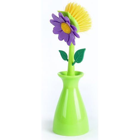 Automatischer Spülbecken-Seifenspender, Schwamm, Küchen- und Badezimmer-Reinigungsbürsten-Set in Blumenform mit Griff, Heimdekoration, 1 Stück (Grün)