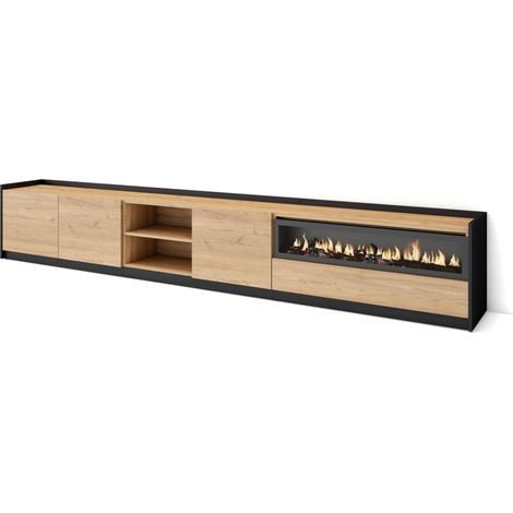 Skraut Home - Mueble TV, Televisión, 310x37x50cm, Para TV hasta 80", Chimenea eléctrica, Roble y negro (1/5)