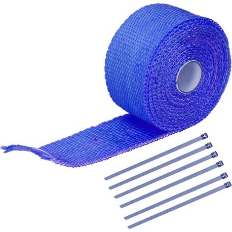 Ruban d'isolation thermique 5m en fibre de verre et acier allié avec 6 colliers en acier pour tuyaux d'échappement auto et moto, bleu (1/5)