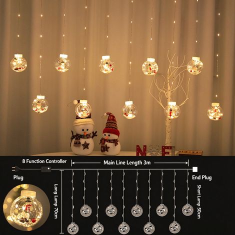 Guirlande Rideau LED Boule à Vœux de Noël, Lumière Fil de Cuivre Bonhomme de Neige, Décoration Vitrine Sapin, Alimentation USB,。 (1/3)
