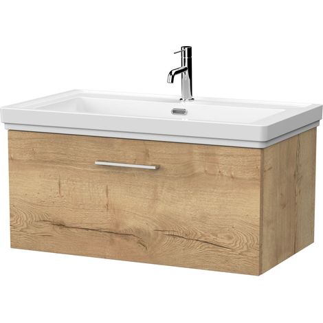 Pershall Contemporary Wall Hung 1 Drawer Vanity Unit with Traditional 1 Tap Hole Fireclay Basin, 800mm, Autumn Oak