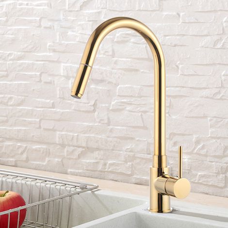 Grifo de cocina de latón macizo con rociador extraíble, grifo monomando de acero inoxidable arqueado 1 orificio, grifo de cocina para casa de campo, caravana, lavadero, autocaravana, bar (1/4)