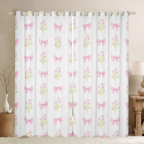 Lot de 2 rideaux de fenêtre romantiques avec nœud papillon rose pour enfants, motif floral botanique romantique pour filles et garçons, nœud papillon, décoration de fenêtre à œillets, 168 x 228 - 66W9 (1/5)