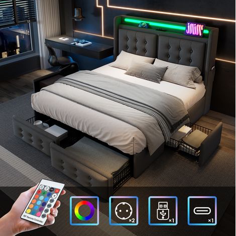 Bettgestell 180x200 cm grau aus Baumwoll-Leinen mit LED, Ladefunktion und 4 Schubladen (1/5)