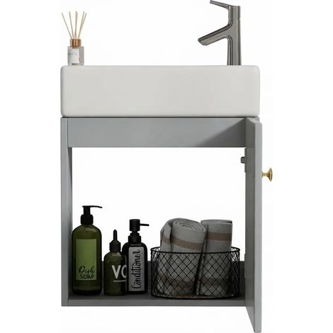 ELVMI Meuble Sous Vasque avec Porte à Fermeture Douce et Vasque en Céramique pour Salle de Bain, MDF Gris et Blanc (1/5)