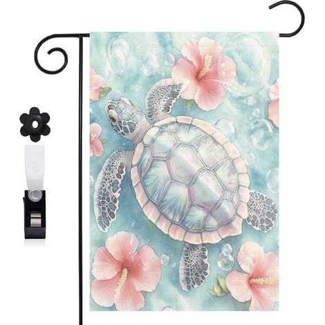 Drapeau de jardin décoratif 30 x 45 cm motif tortue et décor marin coloré toile double face (1/5)
