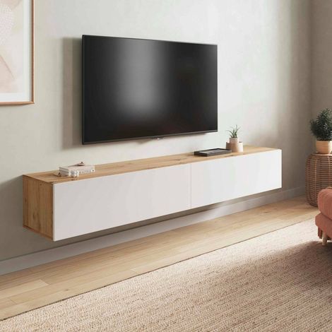 Dmora - Mueble TV Vincennes, Mueble TV con 2 puertas, Mueble de salón suspendido, 180x35h28 cm, Node roble y blanco brillo, con embalaje reforzado (1/5)