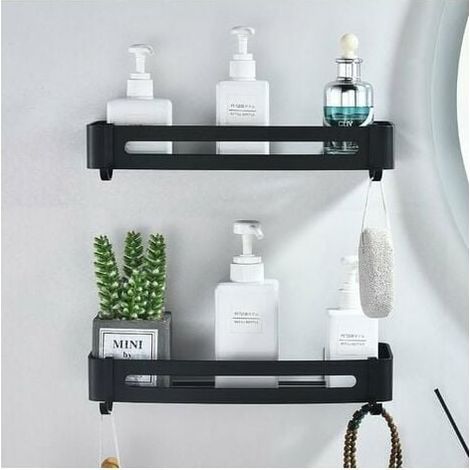 2 estantes sin perforaciones, almacenamiento de espacio de aluminio negro, herrajes para baño, colgante, duradero, no emulsionante (1/5)