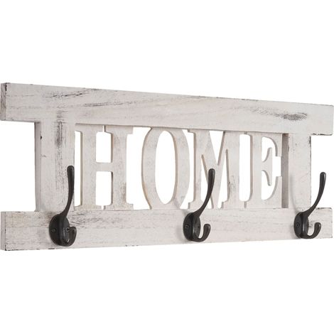 Perchero de pared vintage de madera blanca con 3 ganchos 20x55cm MED04052
