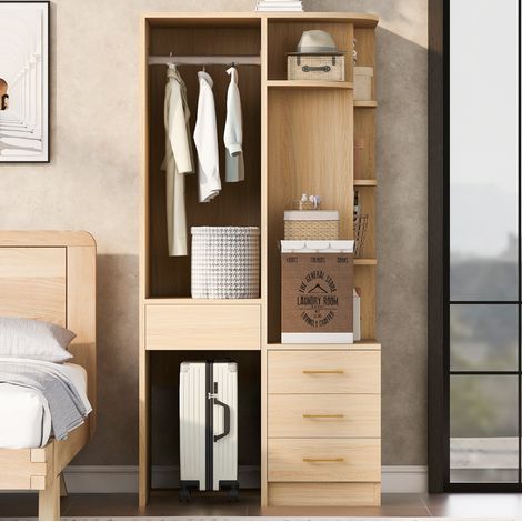 Armoire dressing ouverte 70 x 55 x 175 cm avec penderie, étagères et 3 tiroirs, finition bois HAVRYA (1/5)