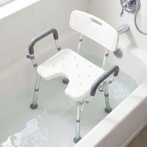 Chaise de douche argentée avec siège en U à 6 hauteurs, dossier rembourré, accoudoirs et pieds à ventouses pour douche (1/5)
