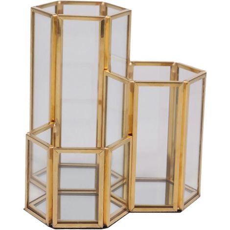 Porte-stylo hexagonal en verre et cuivre composite, boîte à pinceaux de maquillage en verre, organisateur de bureau multifonction. (1/5)