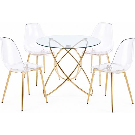 CHICFURN Set tavolo e sedie 5 pezzi 80 cm in vetro e metallo dorato, stile moderno (1/5)