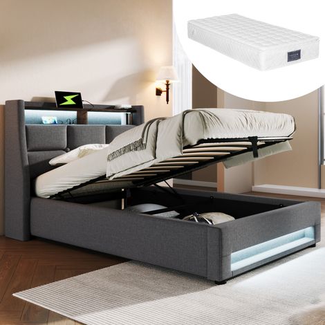 Letto con contenitore imbottito in lino grigio 90x200 cm con LED, USB, rete a doghe e materasso incluso (1/5)