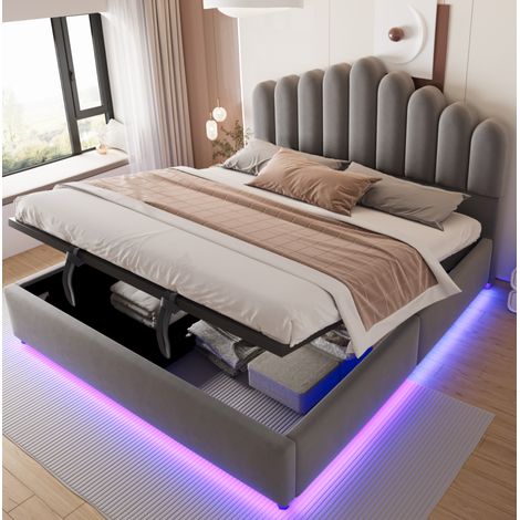 Cama canapé 180x200 cm de terciopelo gris con LED para dormitorio -FLORAGRACE (1/5)