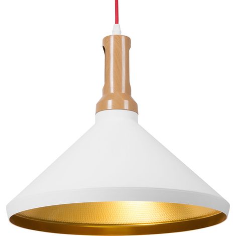 Lámpara colgante blanca con pantalla en forma de cono de aluminio dorado y madera clara diseño industrial Liard