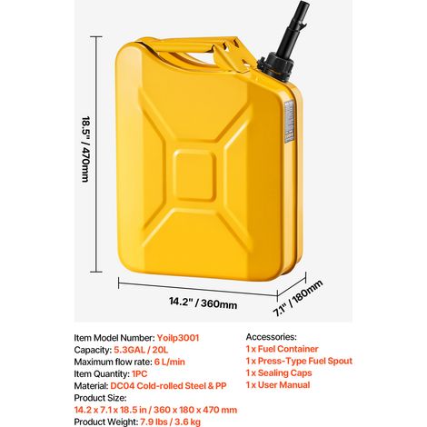 VEVOR Metal Fuel Container, 20 L, Fuel Jerry Can with Spout and Comfort Handle, 6 L/min Max Flow Rate, Leakproof & Corrosion-resistant Metal Gas Tank Most Cars Motorcycle ATV UTV, Yellow (1/4)