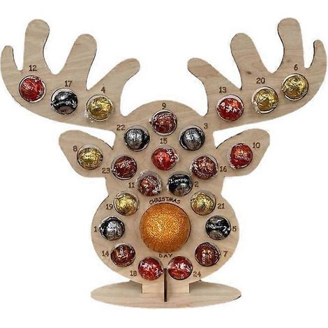 Calendrier de l'Avent de Noël en bois, présentoir en forme de tête de cerf avec 24 trous, idéal pour décorer un sapin de Noël et présenter des chocolats et des bonbons. (1/4)