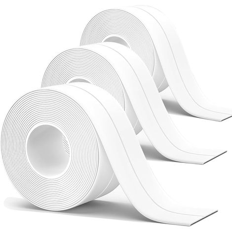 Lot de 3 bandes d'étanchéité autocollantes imperméables et anti-moisissures pour salle de bain, cuisine, toilettes, angles de murs et baignoire (blanc). (1/5)