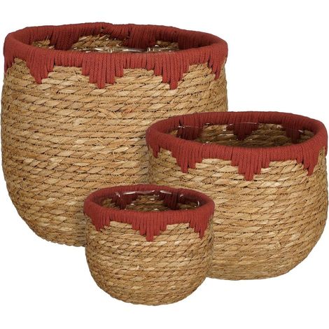 Lot de 3 Paniers à Plantes et Rangement en Jonc de Mer et Coton, Marron et Rouge - Jorck - PANGIVO (1/4)