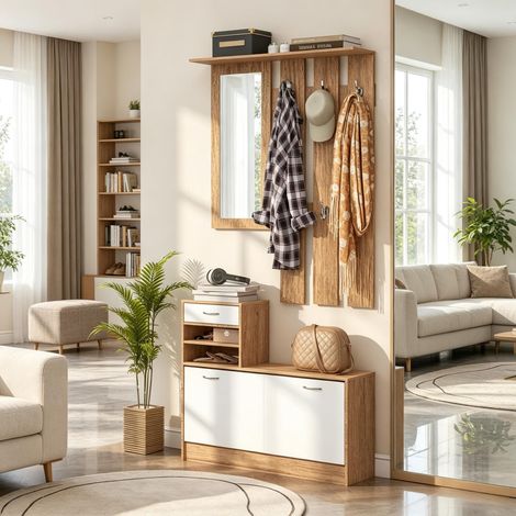 Armoire de couloir avec panneau porte-manteaux, miroir, banc à chaussures, 6 patères et étagère réglable (1/5)