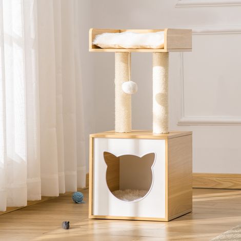 Katzenhaus mit Sisal-Kratzbäumen, Hundehütte und Bett mit waschbaren Kissen und Ball, 35 x 35 x 81 cm, Eiche