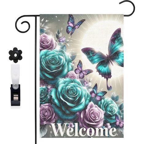 Drapeau de jardin roses turquoise et violettes et papillons 30 x 45 cm décoration extérieure jardin (1/5)