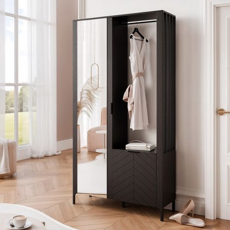 Vestiaire avec Miroir LORIEN - Porte-Manteau - 105x33x197 cm - 8 compartiments - Noir (1/5)