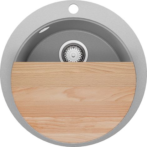 PRIMAGRAN Evier cuisine Granit Rond 53x53cm, Evier 1 bac + Kit de Vidage + Planche à Découper, Lavabo Cuisine au meuble 50cm - Pise Max, Gris (1/5)