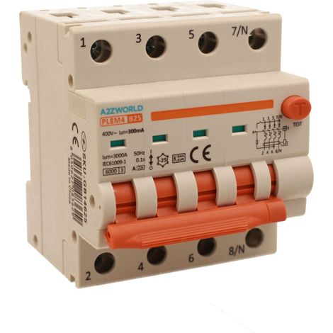 RCBO Interruttore Magnetotermico Differenziale Con Doppia Leva Tipo A - SI Curva B 4P 4M 6000A 300mA, Diagnostica Visiva, AC 400V IP20 IEC61009-1 PL8M4, Corrente Disponibili 10A 16A 20A 25A 32A 40A (B