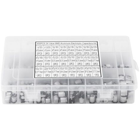Kit de 400 condensateurs électrolytiques en aluminium CMS (24 valeurs) assortis, de 1 µF à 1000 µF (1/5)
