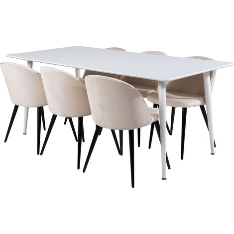 Polar180X90WHWH Essgruppe Esstisch weiß und 6 Velvet Esszimmerstühle Velour beige, schwarz.
