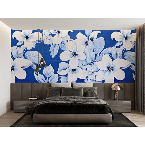 Papier Peint Floral - Fleurs Blanches et Bleues - 150 x 250 cm (1/2)