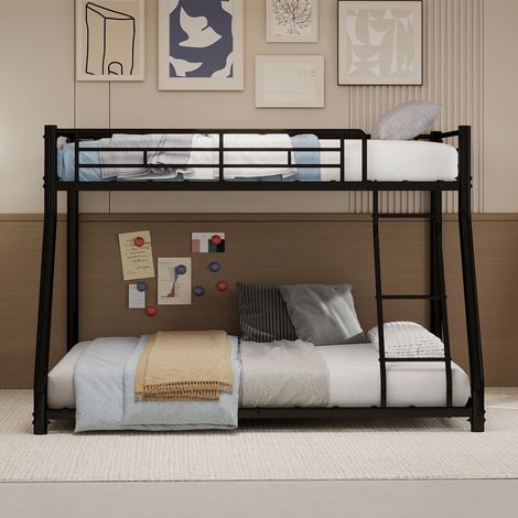 Lit Superposé 90x190+140x190cm - Lit enfant en Métal 2 Places - Structure Robuste avec Échelle et Barrières de Sécurité - Noir (1/5)