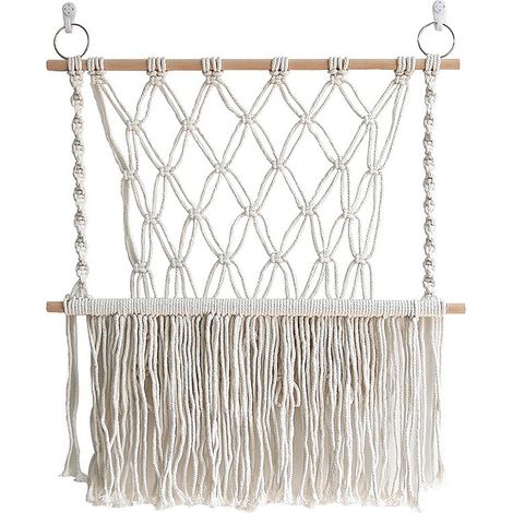 Panier suspendu en coton nordique - Sac filet de rangement pour jouets - Tenture tissée main [55x60cm Blanc cassé] - Décoration murale pour chambre d'enfant (1/5)
