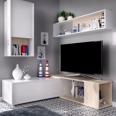 DEKIT - Composición de salón TV Flexible color Blanco Brillo / Natural 180x180/230x41 cm modelo OBI (1/5)