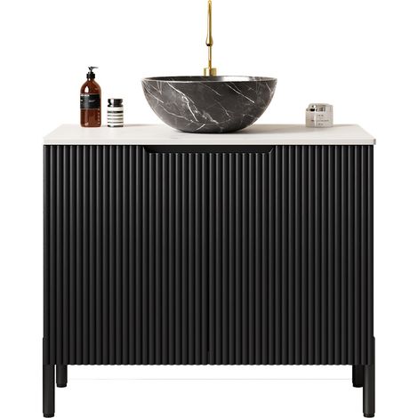 Mueble de baño exento 76 cm negro con lavabo de cerámica y encimera de piedra sinterizada (1/5)