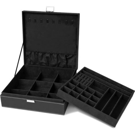 Coffret à bijoux double empilable à 27 compartiments avec 8 crochets, en velours, idéal pour les amateurs de bijoux.
