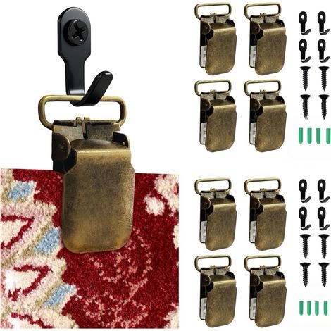 Lot de 8 Pince à Tapis en Métal , Crochet Mural Antidérapant Grand Modèle, Pince Couverture Suspendue pour Décoration Murale Tapisserie, Brun (1/5)