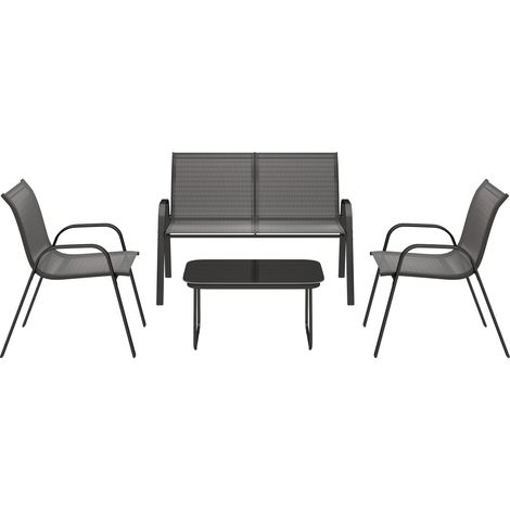 Gartenmöbel-Set mit 2-Sitzer-Sofa, 2 stapelbaren Sesseln und Glas-Couchtisch, Schwarz