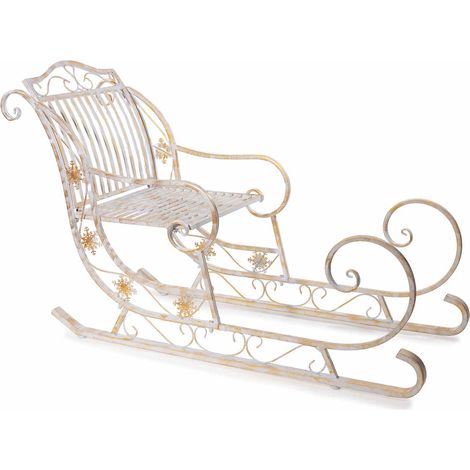 Slitta di Babbo Natale decorativa in metallo bianco anticato oro. Struttura elegante con dettagli intagliati e decorazioni, cm 63,5 x 150 x 93,5 H