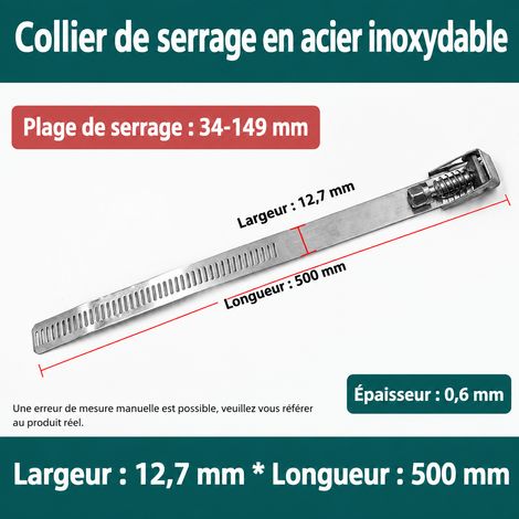 Collier de serrage déverrouillable en acier inoxydable 304 500 × 12,7 × 0,6 mm diamètre 34-149 mm 500 34-149mm 2 × 2 × 2 cm 40 g – Livraison gratuite