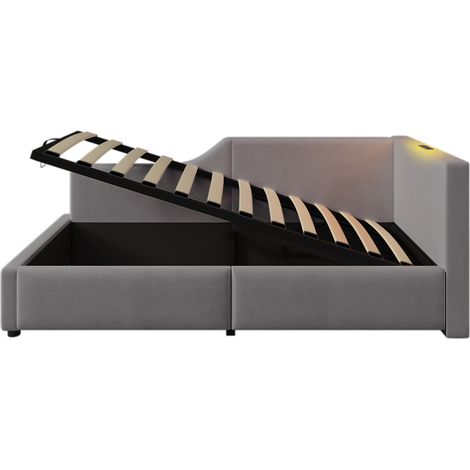 Gepolstertes Daybed 90x190 cm aus grauem Samt mit Lattenrost und hydraulischem Stauraum (1/5)