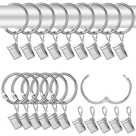 42 Pcs 32mm Anneaux Rideaux avec Pince Rideau, Anneau Rideau, Anneaux de Rideaux en Métal avec Clips à Rideaux, Pince a Rideaux Crochets Anneaux pour Tringle à Rideaux Douche Glissement Argent (1/5)