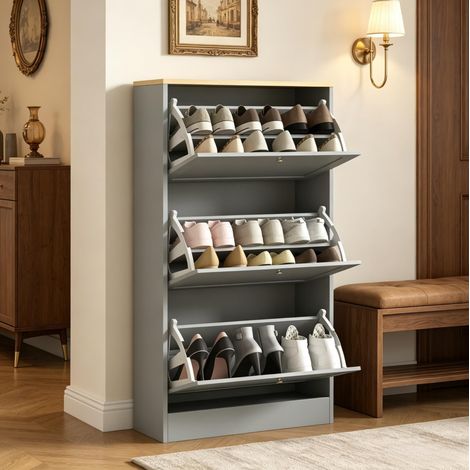 Schuhschrank 60×23,5×115 cm Spanplatte Grau, 3 Klappen, platzsparend – MEUBLIV (1/5)