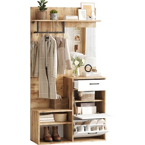 Mobile Ingresso con Specchio e Panca 100x38.5x190 cm, Scarpiera, 2 Armadietti, Cassetto, Pannello truciolarem, Naturale (1/5)