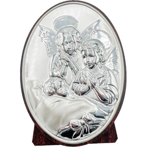 Quadretto Quadro da tavolo mobile legno e argento angeli ovale 11 x 8 cm (1/2)