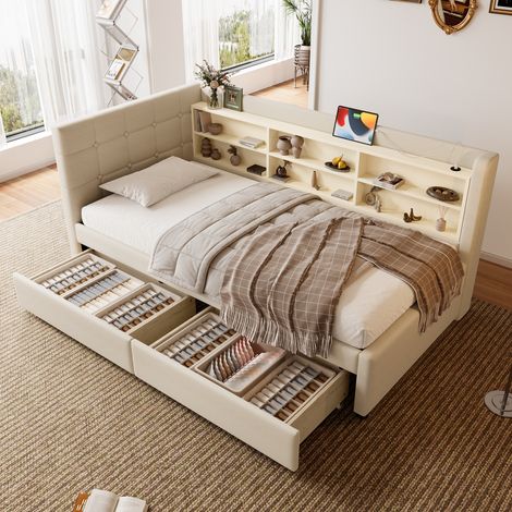 Divano letto per bambini 90×200cm con contenitore, 2 cassetti, 6 scomparti portaoggetti, USB+Type-C, senza materasso, lino, beige (1/5)